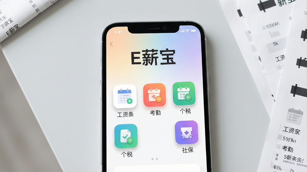 一张展示手机屏幕的图片,屏幕中央显示E薪宝应用主界面,界面顶部有“E薪宝”三个大字,下方排列着工资条、考勤、个税、社保等彩色功能图标。整体布局为居中构图,手机放在浅灰色桌面上,旁边散落几张纸质工资条作为陪衬。风格为清爽扁平化UI展示,细节包含图标阴影、圆角卡片、柔和渐变背景。画质清晰,光线明亮,干净整洁,无多余装饰元素。