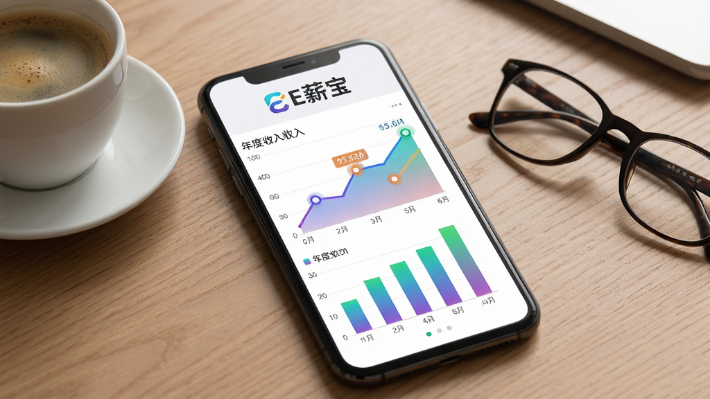 一张展示数据统计图表的图片,画面中央是手机屏幕,屏幕中显示E薪宝的年度收入折线图和柱状图,图表上方有“E薪宝”标识。手机放置在木质桌面上,旁边有一杯咖啡和一副眼镜。风格为商务办公场景,细节包含图表渐变色、数据点高亮。画质清晰,光线柔和,整体干净,无多余装饰。