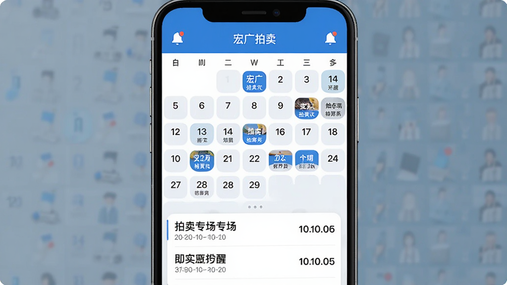 宏广拍卖应用拍卖日历与提醒功能界面,手机屏幕显示月历视图,部分日期标注有拍卖场次标记,下方列表展示即将开始的拍卖专场名称与倒计时,顶部有通知提醒图标,界面设计简洁明快,蓝白配色,画质清晰干净,无杂乱元素