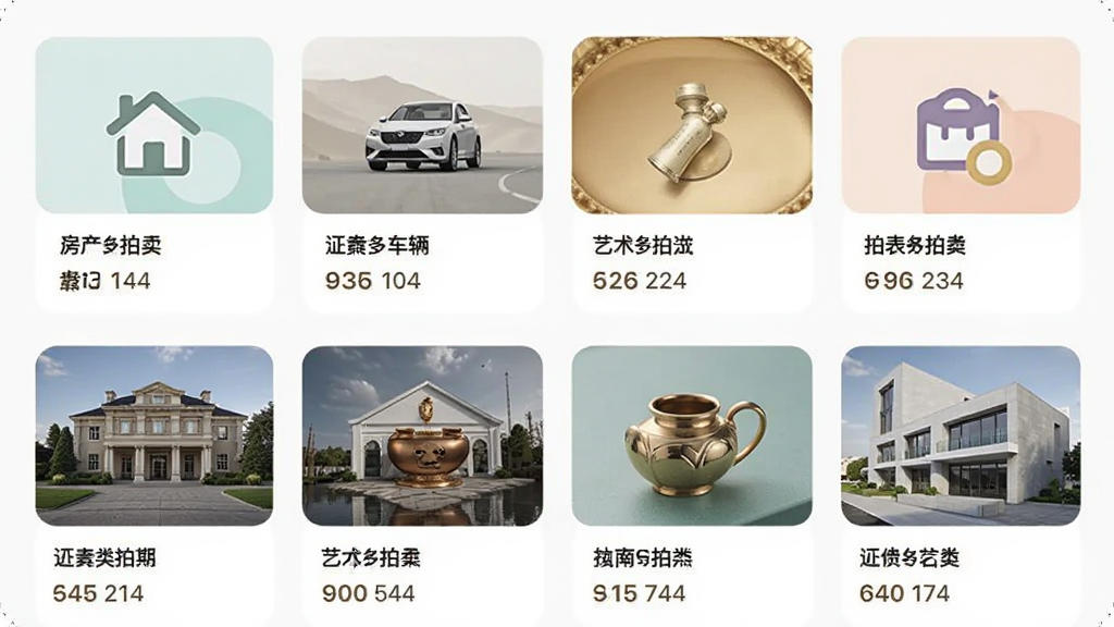 宏广拍卖应用多品类拍品展示界面,手机屏幕内呈现多个拍卖分类模块,包括房产、车辆、艺术品等图标与缩略图,每个分类下方显示正在进行中的拍卖场次数量,界面排版整齐,色彩柔和,风格现代简约,画质清晰干净