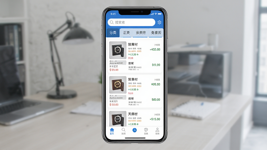 宏广拍卖手机应用界面展示,画面中央是一部智能手机,屏幕显示拍卖大厅列表,包含多件拍品缩略图与当前出价信息,顶部有搜索栏和分类标签,底部导航栏清晰可见,整体布局简洁商务风格,蓝白配色为主,细节精致,画质清晰干净,无多余元素