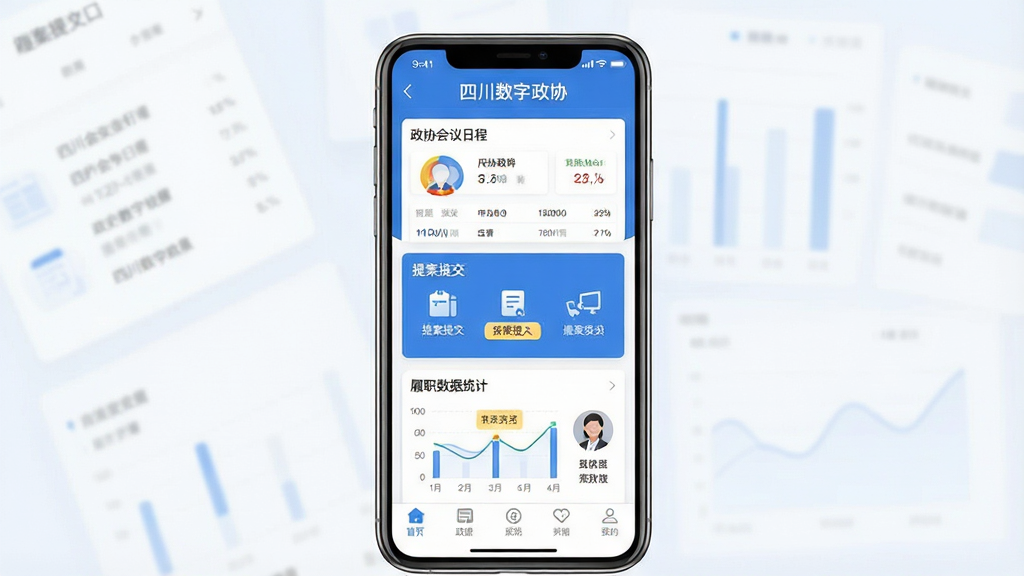 一副展示四川数字政协移动应用核心界面的宣传图。主体为一部智能手机,屏幕显示政协会议日程、提案提交入口和履职数据统计图表。布局采用三分法,上方为应用标题栏,中部为功能卡片区,下方为底部导航栏。排版简洁明快,风格为现代政务蓝白配色,细节包括扁平化图标、数据看板和代表委员头像。画质清晰,画面干净,无多余元素,屏幕中文字显示“四川数字政协”。