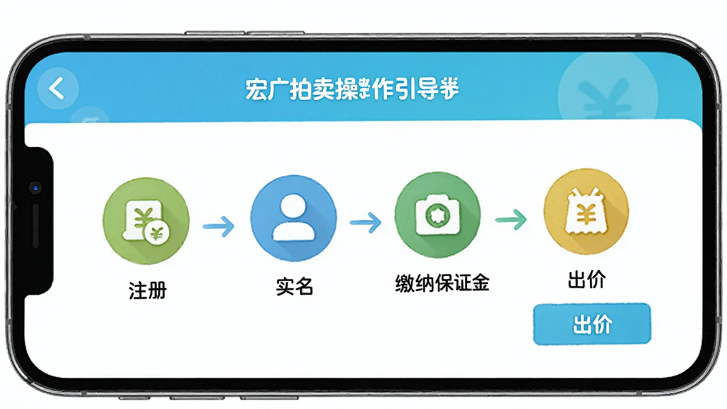 宏广拍卖新手操作引导界面,手机屏幕显示分步操作示意图,包含注册、实名、缴纳保证金、出价四个步骤的图标与简短文字说明,界面风格清新友好,配色明亮,布局清晰,画质干净无多余元素