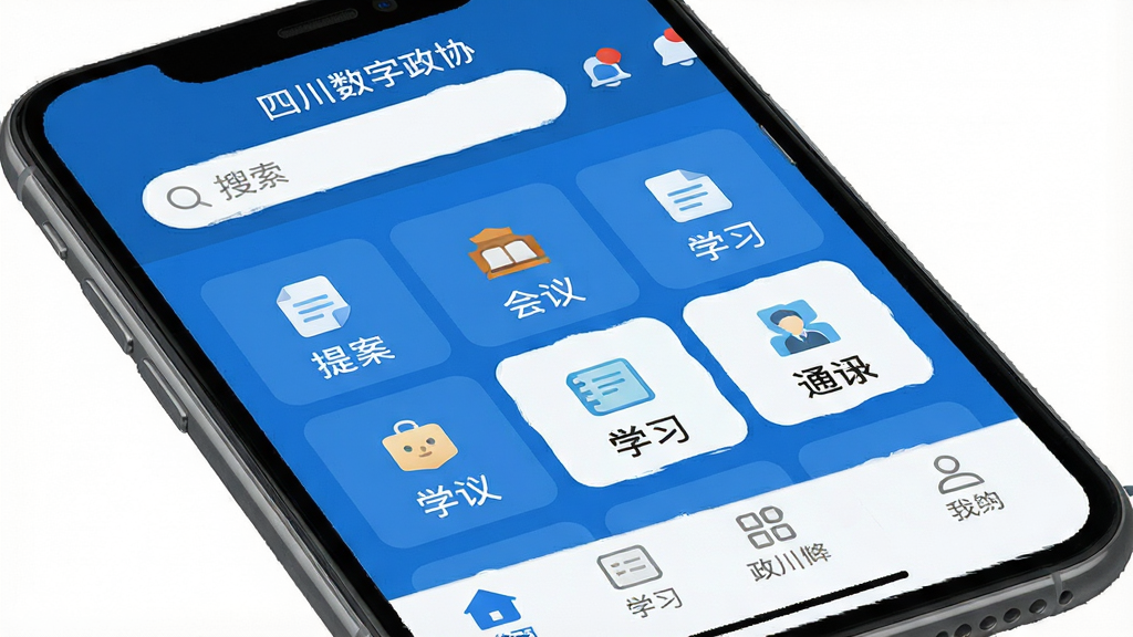 画面主体是一部智能手机展示四川数字政协应用主界面,屏幕上方为搜索栏和通知图标,中部为宫格功能入口,下方为底部导航栏。布局为上下结构,风格为政务蓝白扁平化设计,细节有提案、会议、学习、通讯录等图标,画质清晰,干净无多余元素,屏幕文字显示“四川数字政协”。