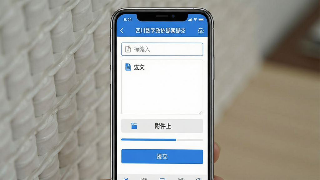 画面主体是一部智能手机,屏幕显示提案编辑界面,包含标题输入框、正文编辑区、附件上传按钮和提交按钮。布局为上下结构,上方为导航栏,中部为表单区域,下方为操作按钮。风格为扁平化政务风,细节有蓝色提交按钮、文档图标和进度条。画质清晰,干净无杂物,屏幕文字显示“四川数字政协提案提交”。