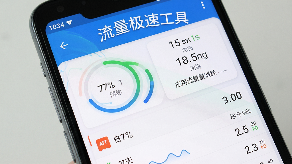 主体为一部安卓手机屏幕特写,屏幕上显示流量极速工具的流量统计仪表盘界面,布局为居中构图,排版上软件名称
