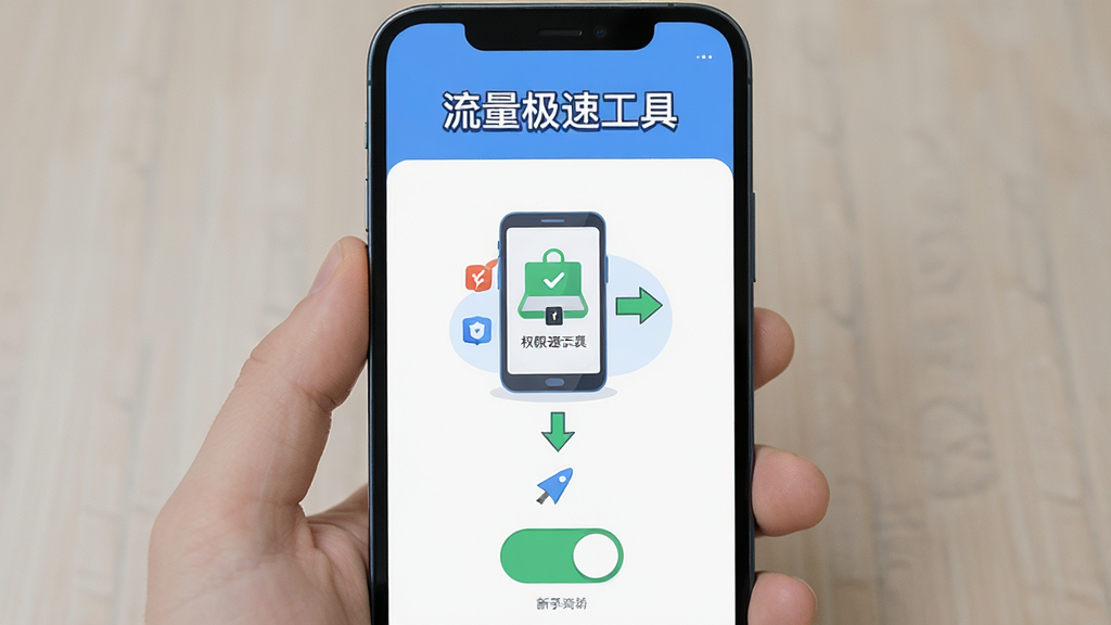 主体为手机屏幕显示流量极速工具的新手引导页面,布局为分步图示,排版上