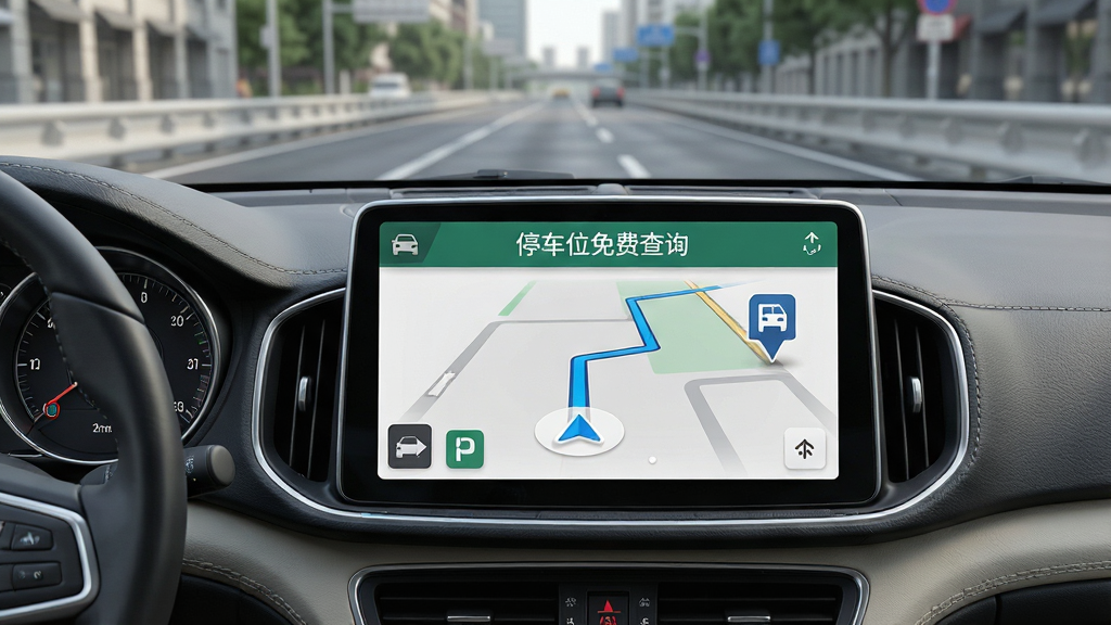 一张展示导航功能的场景图,画面中一辆汽车行驶在城市道路上,前方中控屏幕显示