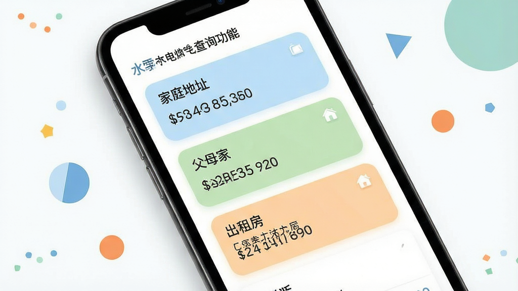 一张展示多账户管理功能的手机界面图,画面中一部手机屏幕显示水电煤气查询应用的多账户列表页面,列表中有三张卡片分别标注家庭住址、父母家、出租房,每张卡片上有户号尾数和当月应缴金额,卡片采用圆角设计,颜色分别为浅蓝、浅绿、浅橙,背景干净白色,风格简洁现代,手机旁边有少量几何装饰元素,画质清晰,干净,无多余元素