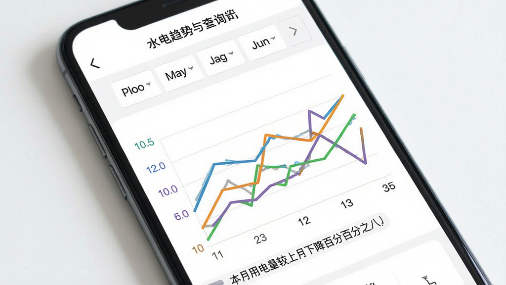 一张展示用量趋势分析图表的手机界面图,手机屏幕显示水电煤气查询应用的统计页面,页面上方有月份选择器,下方是三条不同颜色的折线图分别代表水、电、燃气用量走势,图表下方有简短的文字说明本月用电量较上月下降百分之八,整体界面以白色为底,图表线条清晰,风格专业简洁,画质清晰,干净,无多余元素
