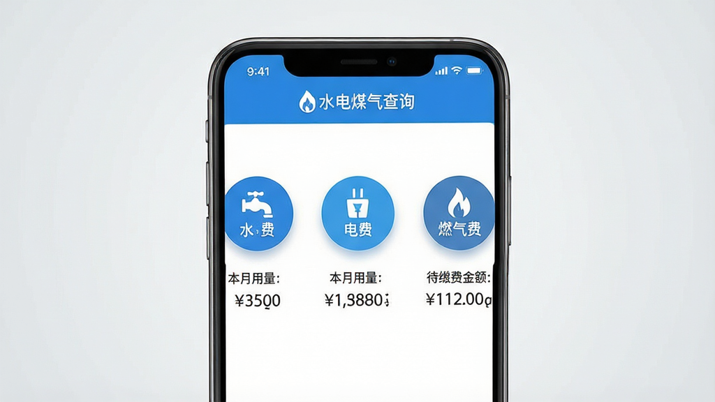 一张干净整洁的手机应用界面展示图,画面中央是一部现代智能手机,屏幕上显示着水电煤气查询软件的主页面,页面布局包含水费、电费、燃气费三个醒目的圆形图标按钮,图标下方有本月用量和待缴费金额的数字显示,整体配色以蓝白为主,给人清爽可靠的感觉,背景是简约的浅灰色渐变,风格为扁平化UI设计,细节上按钮带有轻微阴影和圆角,屏幕上方有状态栏和软件名称水电煤气查询字样,画质清晰,干净,无多余元素