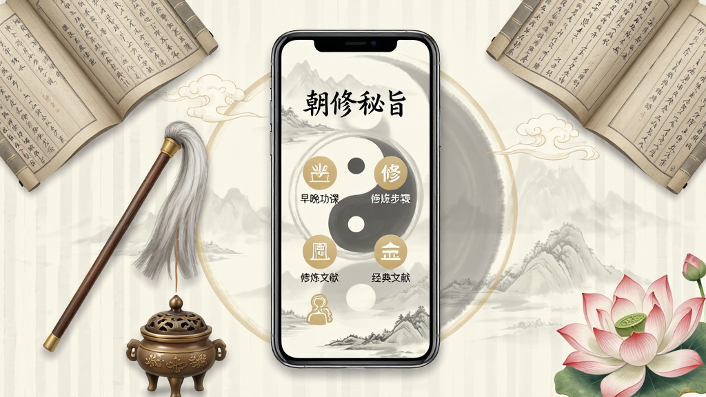 一张展示道教修炼文化主题的竖版手机App界面预览图,画面中央放置一部智能手机,手机屏幕显示“朝修秘旨”应用主界面,界面风格古朴典雅,背景为淡雅的水墨山水与太极图案,主色调为米白、浅灰与淡金色,界面中包含早晚功课、修炼步骤、经典文献等功能入口图标,手机四周环绕着展开的古籍书卷、拂尘、香炉与莲花等道教文化元素,整体排版居中对称,风格为中国传统水墨风与现代扁平化UI结合,细节精致,画质清晰,画面干净,无多余元素,适合作为软件下载页配图。