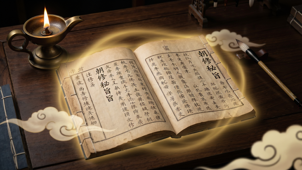 一张以“朝修秘旨”道教文献库为主题的生图,画面主体为一本展开的线装古籍,书页上隐约可见竖排繁体文字,古籍周围环绕着柔和的金色光晕与飘散的云气,背景为深色木质书案,案上放置一盏青铜油灯与一支毛笔,整体风格古朴庄重,排版以古籍为中心向外延展,细节丰富,画质高清,画面干净,无多余元素。