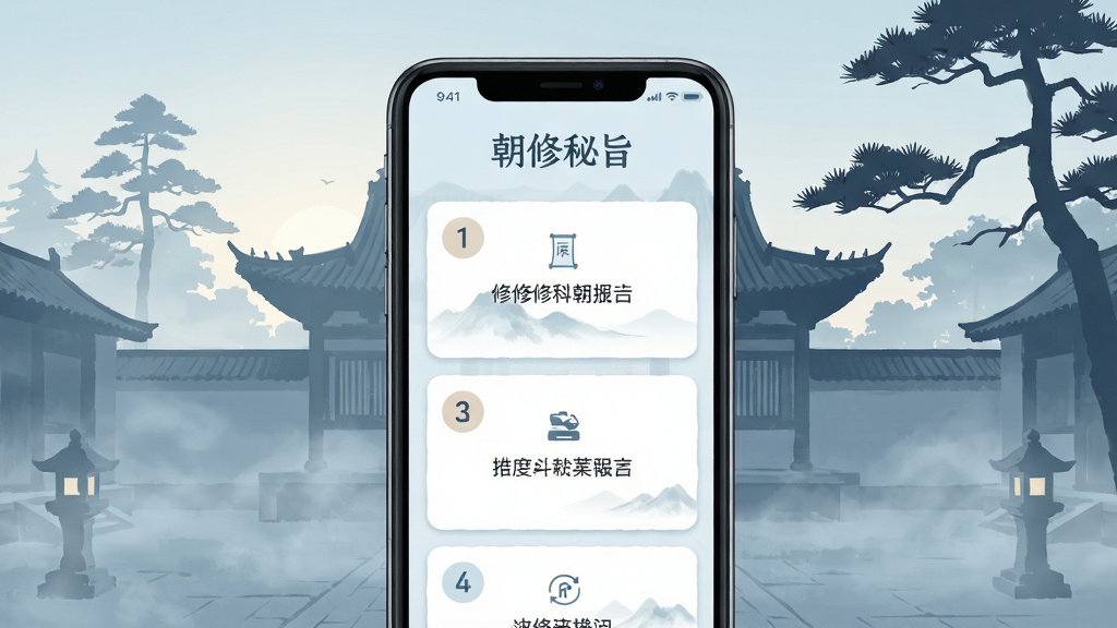 一张展示“朝修秘旨”修炼步骤引导功能的生图,画面中央为一部手机,屏幕显示分步骤操作界面,界面采用卡片式布局,每张卡片标注步骤序号与简要说明,手机背景为清晨的道观庭院,有薄雾与松树剪影,整体色调清冷宁静,风格为简约插画风,细节清晰,画质干净,无多余元素。