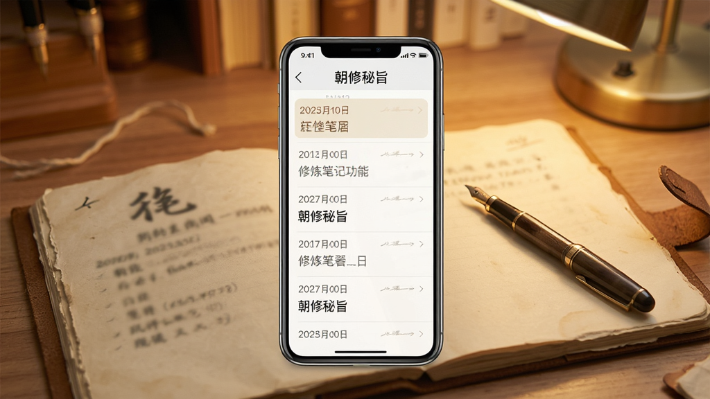 一张展示“朝修秘旨”修炼笔记功能的生图,画面中央为一部手机,屏幕显示笔记列表界面,每条笔记带有日期与标题,手机旁放置一本翻开的纸质笔记本与一支钢笔,背景为暖色调的书桌场景,风格为写实与扁平化结合,细节丰富,画质高清,画面干净,无多余元素。