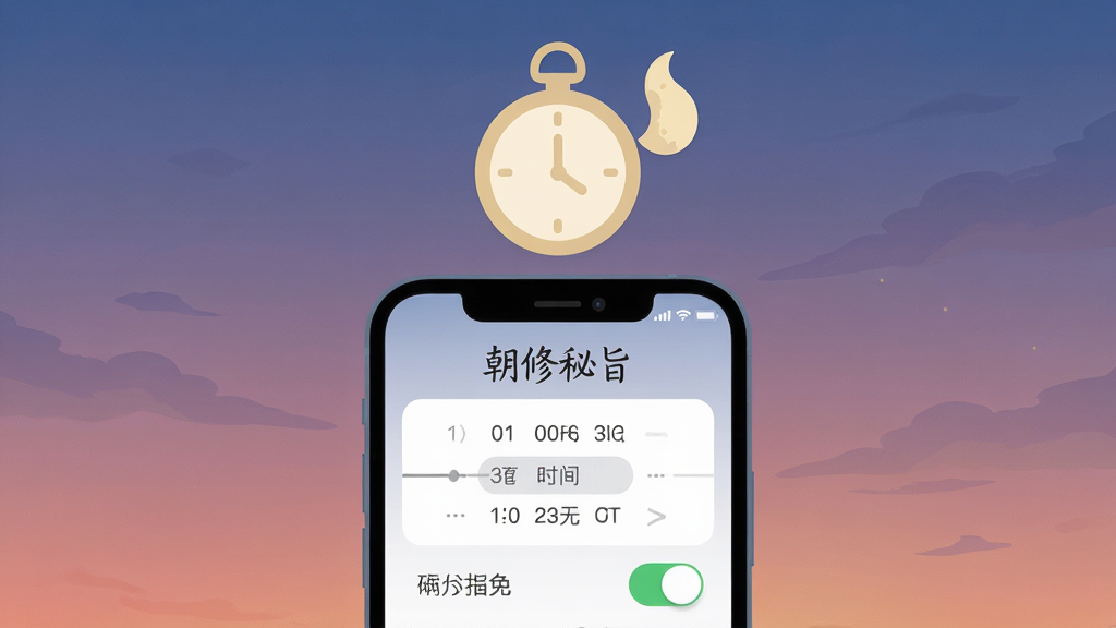 一张以“朝修秘旨”早晚功课提醒为主题的生图,画面主体为手机屏幕特写,屏幕显示提醒设置界面,界面中有时间选择器与开关按钮,手机上方悬浮着一个淡金色的钟表图标与一轮弯月,背景为渐变的暮色天空,风格为扁平化设计,排版简洁,画质清晰,画面干净,无多余元素。