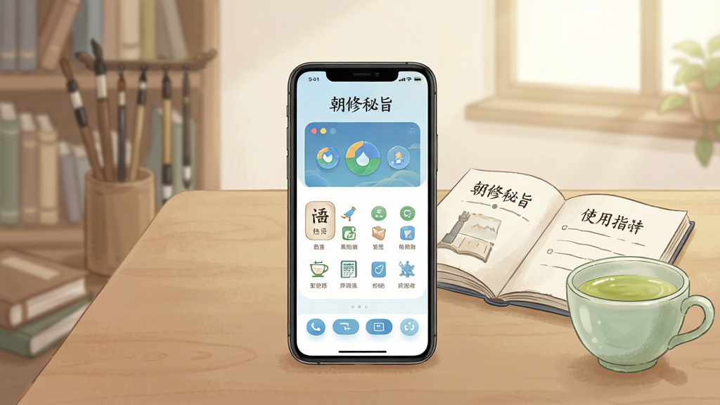 一张以“朝修秘旨”新手使用指南为主题的生图,画面主体为一部手机放置在桌面上,屏幕显示应用主界面,手机旁边摆放着一本打开的使用手册与一杯清茶,背景为柔和的书房环境,风格为清新简约的插画风,排版以手机为中心,细节清晰,画质干净,无多余元素。