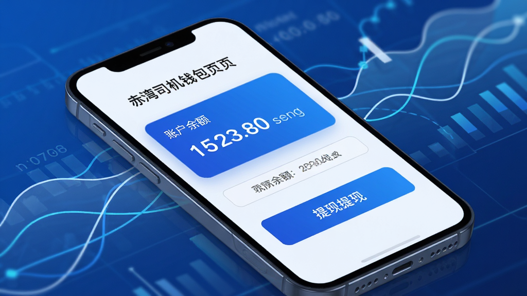 新赤湾司机钱包提现页面展示,手机屏幕显示账户余额与提现按钮,背景为抽象金融数据线条,风格简洁科技感,蓝色与白色配色,画面干净,高清画质,无多余元素