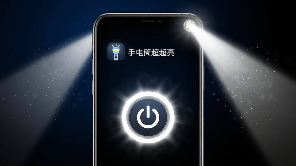 画面主体是一部智能手机,屏幕中央显示着手电筒超超亮的应用界面,界面中央有一个醒目的圆形电源开关按钮,按钮周围环绕着明亮的光晕。布局采用居中对称构图,手机直立放置于画面正中央。排版上,应用图标和名称“手电筒超超亮”显示在屏幕上方。风格为现代科技感与简洁实用相结合,背景是深色渐变,从深蓝过渡到纯黑,突出光线的明亮感。细节上,手机闪光灯位置射出两道锥形的白色强光,照亮了周围的空间,光线中带有细微的粒子效果。画质清晰锐利,画面干净,无多余元素。