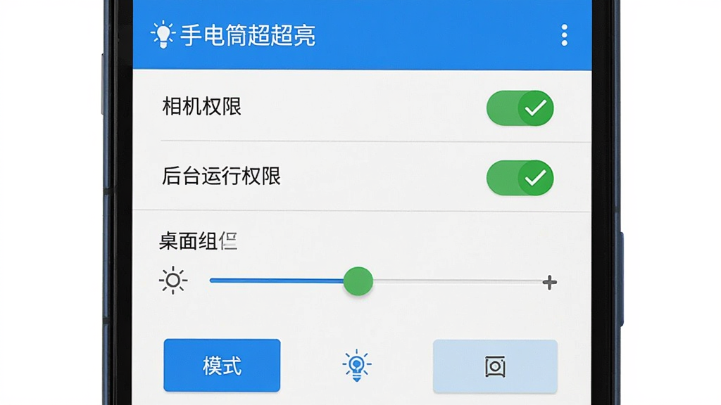 画面主体是一部安卓手机屏幕显示手电筒超超亮的设置界面,界面上有权限开关、亮度滑块和模式选择按钮。布局采用手机界面截图风格,画面中央是设置面板。排版上,顶部是应用名称“手电筒超超亮”,下方依次排列相机权限、后台运行权限、桌面组件开关等选项。风格为扁平化UI设计,配色以蓝白为主。细节上,每个权限选项旁边有绿色对勾表示已开启,亮度滑块处于中间偏上位置。画质清晰,画面干净,无多余元素。