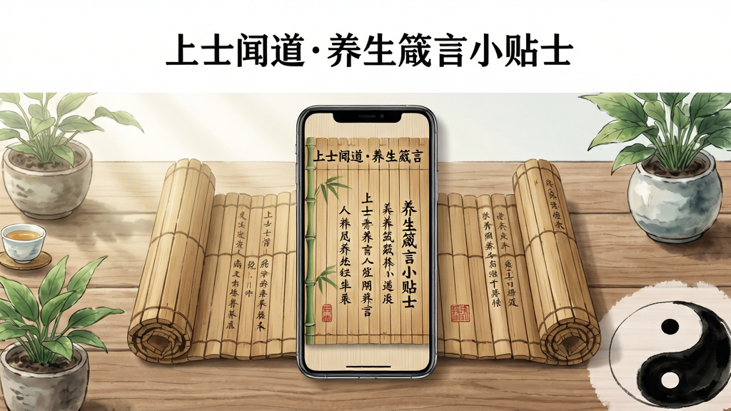 一幅素雅中国风插画,画面中央放置一部智能手机,手机屏幕显示“上士闻道养生箴言小贴士”应用界面,界面有竹简纹理和养生文字,手机周围环绕展开的竹简卷轴、茶杯、绿植和太极图案,布局采用居中对称构图,排版上方留白放置软件名称,风格为清新水墨国风,细节包含木纹桌面、柔和光影、淡雅色调,画质高清干净,无多余元素。