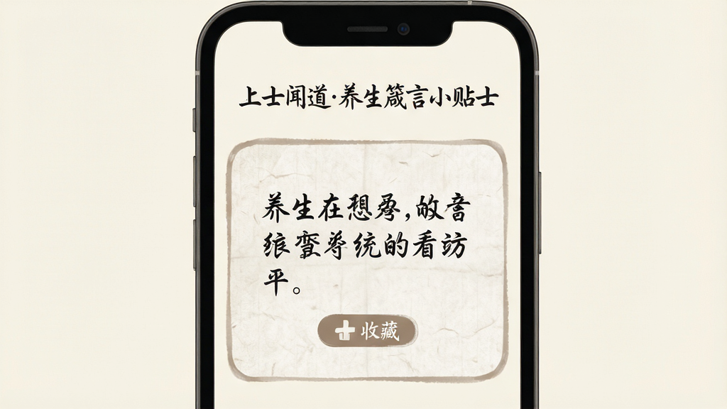 一幅展示“上士闻道养生箴言小贴士”应用极简阅读界面的插画,画面主体为手机屏幕,屏幕内显示一条养生箴言和收藏按钮,背景为淡雅米白色,布局采用居中排版,风格为极简中国风,细节包含宣纸纹理、毛笔字效果、柔和边框,画质高清干净,无多余元素。