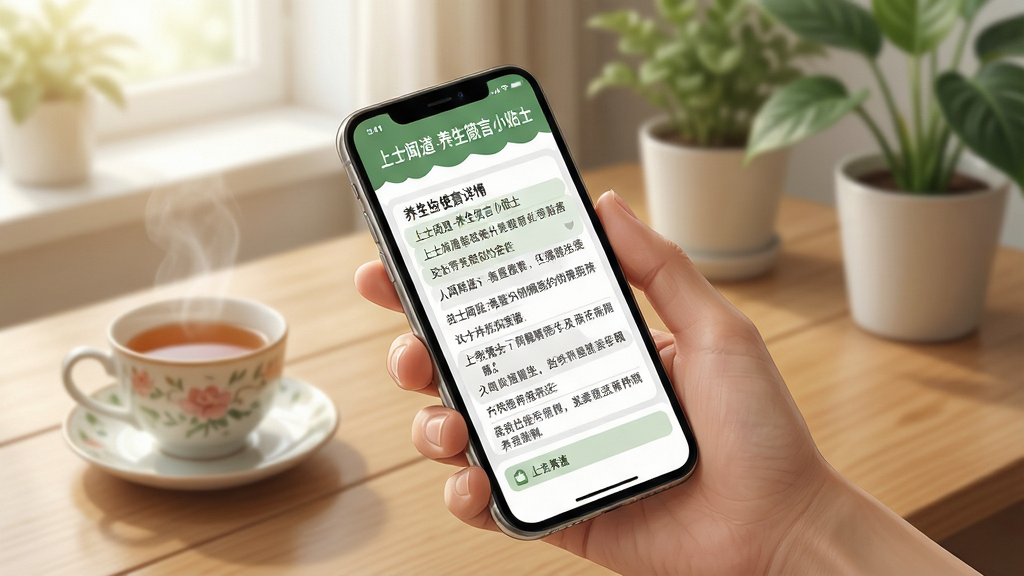 一幅展示“上士闻道养生箴言小贴士”手机应用使用场景的插画,画面主体为一只手拿着手机,手机屏幕显示养生箴言详情页,背景为温馨的居家环境,有茶杯和绿植,布局采用斜角构图,风格为写实生活风,细节包含柔和自然光、木质桌面、手机界面清晰可见,画质高清干净,无多余元素。