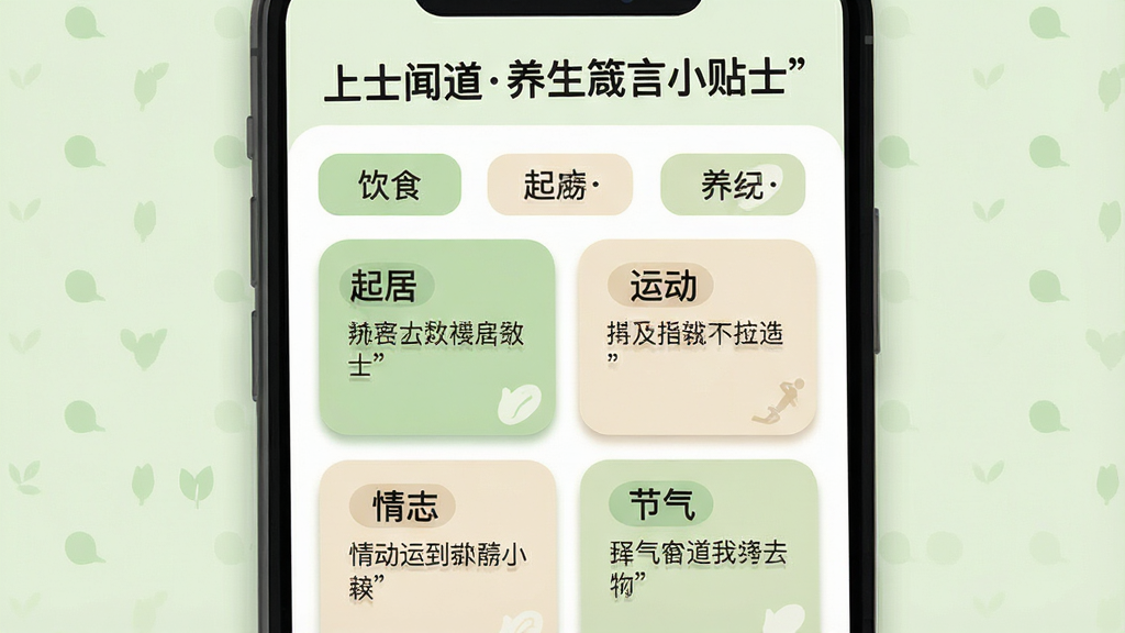 一张展示“上士闻道养生箴言小贴士”应用分类界面的手机截图风格插画,画面主体为手机屏幕,屏幕内显示饮食、起居、运动、情志、节气等分类标签和对应的箴言卡片,布局采用上下结构,上方为应用名称“上士闻道养生箴言小贴士”,下方为分类网格,风格为扁平化UI设计,细节包含柔和阴影、圆角卡片、淡绿色与米色配色,画质清晰干净,无多余元素。