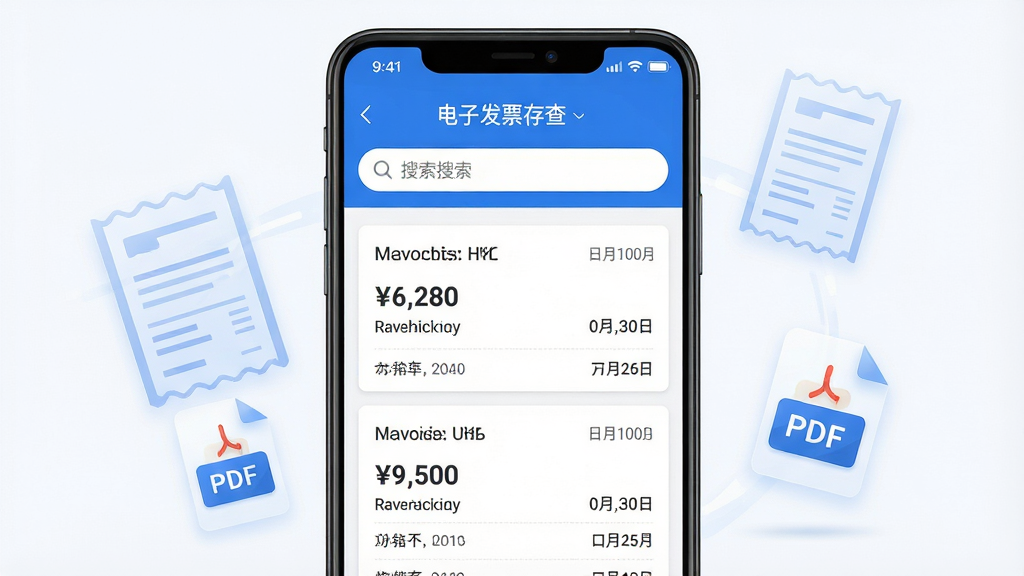 主体为一部安卓手机屏幕,屏幕中央显示“电子发票存查”应用主界面,界面布局为顶部搜索栏与下方发票列表卡片;排版采用居中对称构图,手机两侧漂浮着半透明的发票图标与PDF文件图标;风格为现代扁平化科技风,蓝白主色调;细节上屏幕内文字清晰可辨,发票卡片带有金额与日期字段;画质为高清4K,画面干净,无多余元素