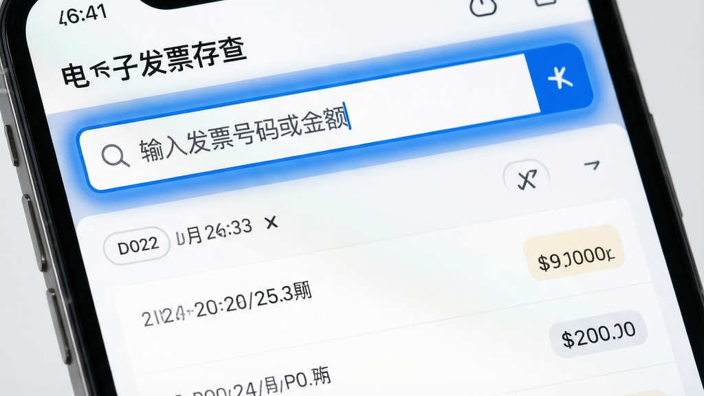 主体为“电子发票存查”应用内的搜索界面特写,屏幕上方为搜索输入框,下方为筛选后的发票结果列表;布局为上下结构,搜索框高亮显示;排版清晰,列表条目间距均匀;风格为极简UI设计风;细节上搜索框内显示“输入发票号码或金额”占位文字,结果列表带有日期与金额标签;画质高清,画面干净,无多余元素