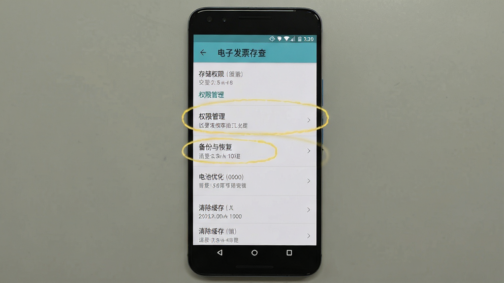 主体为一部安卓手机显示“电子发票存查”的设置页面,页面中高亮标注“权限管理”与“备份与恢复”两个选项;布局为手机竖屏居中;排版清晰,选项间距合理;风格为真实应用截图风;细节上设置列表包含“存储权限”“电池优化”“清除缓存”等条目;画质高清,画面干净,无多余元素