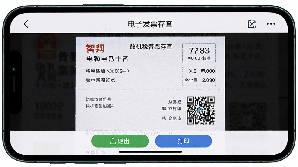 主体为一部手机横屏展示“电子发票存查”的发票预览界面,屏幕内显示一张完整的增值税电子普通发票;布局为手机居中,发票内容占据屏幕主要区域;排版规整;风格为真实应用截图风;细节上发票抬头、金额、二维码清晰可见,屏幕底部有导出与打印按钮;画质高清,画面干净,无多余元素
