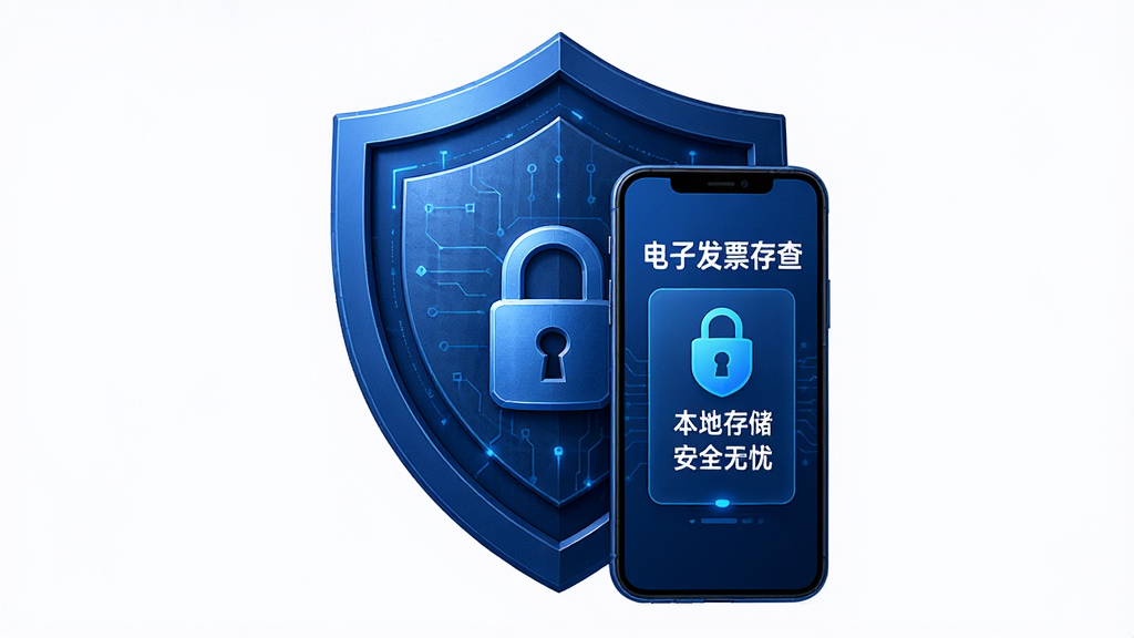 主体为一个盾牌形状的安全图标与手机组合,手机屏幕显示“电子发票存查”的数据加密界面;布局为盾牌位于手机后方形成守护态势;排版居中;风格为安全科技风,深蓝色调;细节上盾牌表面有锁形图案,手机屏幕内显示“本地存储 安全无忧”字样;画质高清,画面干净,无多余元素