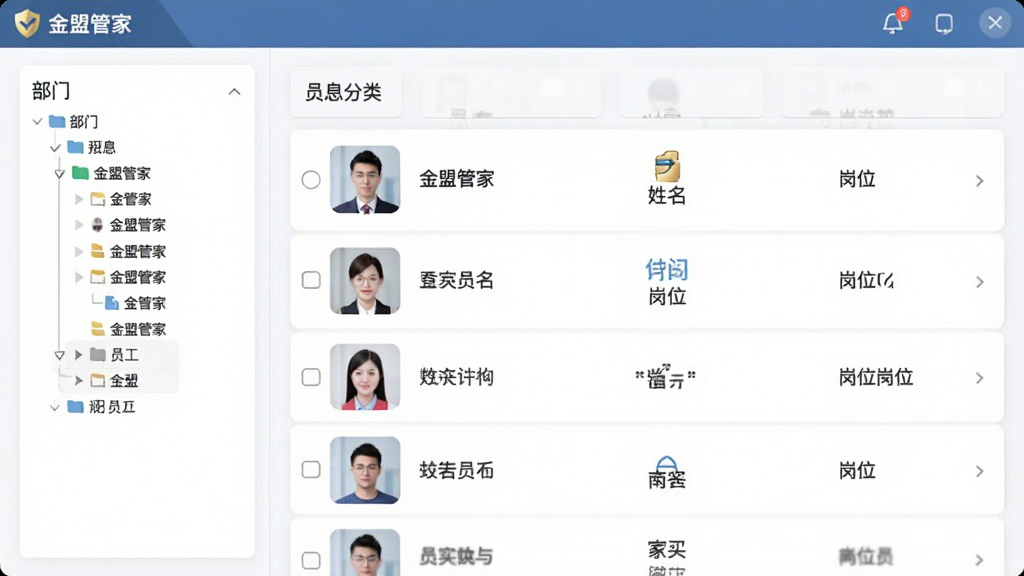 �����˹ܼҡ�����������Ա����Ϣ����ҳ�棬�����ʾ���ŷ������β˵����Ҳ�չʾԱ��ͷ����������λ����Ŀ�б�������Ϊ��ɫ��Ƭʽ���֣����ɾ����࣬�����������޶���Ԫ��