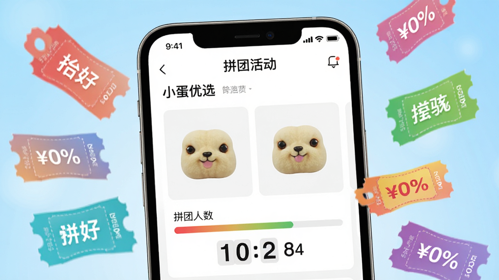 ��������Ϊ�ֻ���Ļ��д����Ļ����ʾ��С����ѡ��ƴ�Żҳ�棬ҳ��������ƷͼƬ��ƴ�������������뵹��ʱ���֣��ֻ���ΧƯ����ɫ�Ż�ȯ���ۿ۱�ǩ������Ϊǳ��ɫ���䣬���������죬�Ű�������ϸ�ھ��£����ʸɾ����޶���Ԫ��