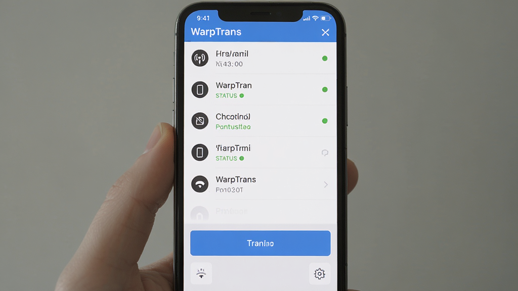 WarpTrans �ƶ��˲��������ͼ����������Ϊ�ֻ���Ļ��ʾWarpTrans�������棬����Ϊ�Ϸ��豸�б��·����ܰ�ť���Ű���ô�ֱ�б�ʽ�����Ϊ��ʵ�ֻ���ͼ���ϸ�ڰ����豸���ơ�����״̬�����䰴ť������ͼ�꣬�������� �ɾ� �޶���Ԫ��