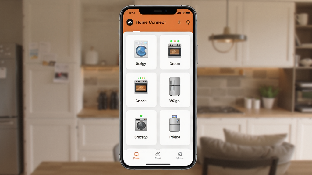 һ��չʾHome ConnectӦ�õ��ֻ������ͼ������������һ���ִ������ֻ�����Ļ����ʾHome Connect App����������壬�������ϴ�»������䡢����ȼҵ�ͼ�꣬��������������Ϊ��ܰ���ִ��Ҿӻ����������Ƽ��У�ϸ�ڰ���Appͼ���״ָ̬ʾ�����ʸ��壬�ɾ��޶���Ԫ��