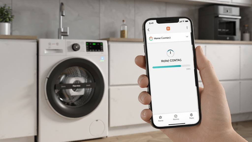 һ��չʾHome ConnectԶ�̿��ƹ��ܵĳ���ͼ��������һֻ�������ֻ����ֻ���Ļ����ʾHome Connect App���ڿ���һ̨ϴ�»����������ִ����ĳ������������ֻ�λ�ڻ����Ҳ࣬�����ϴ�»������дʵ�Ƽ��У�ϸ�ڰ����ֻ���Ļ�ϵ����н�������ϴ�»��ϵ�ָʾ�ƣ����ʸ��壬�ɾ��޶���Ԫ��