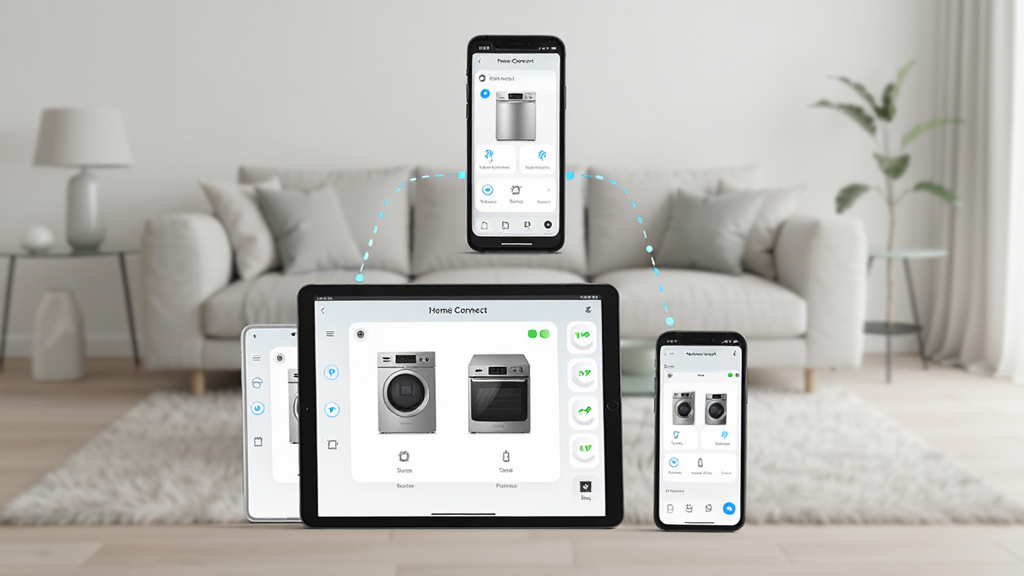 һ��չʾHome Connect���豸Эͬ��ʾ��ͼ����������һ̨ƽ����Ժ������ֻ�����Ļ�Ϸֱ���ʾ��ͬ�ҵ�Ŀ��ƽ��棬����Ϊ���ǹ�ͼ�������Ǽ�Լ�ļҾӿ���������ִ����£�ϸ�ڰ����豸�������������״̬ͼ�꣬���ʸ��壬�ɾ��޶���Ԫ��