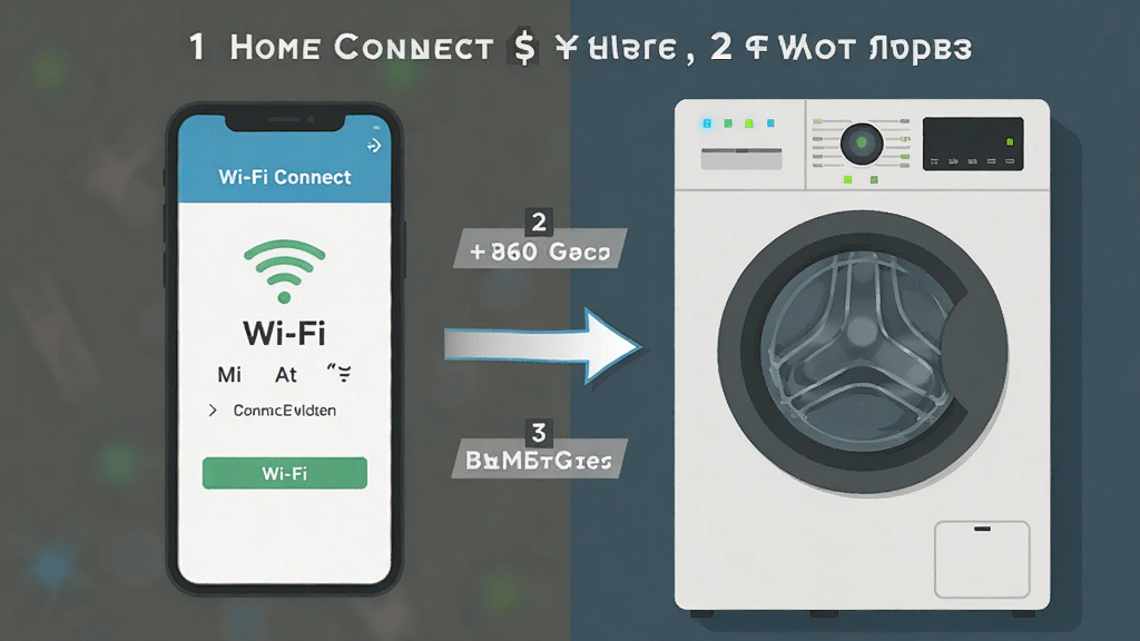 һ��չʾHome Connect���������ʾ��ͼ������������һ���ֻ���һ̨ϴ�»����ֻ���Ļ����ʾWi-Fi���ӽ��棬ϴ�»����������˸��ָʾ�ƣ�����Ϊ���ҶԱȣ�����ƽ����ѧͼ��ϸ�ڰ�����ͷָʾ�Ͳ����ţ������������ɾ��޶���Ԫ��
