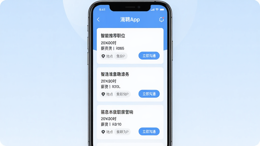 ��ƸAPP��ҳչʾ�����Ƽ�ְλ�б����ֻ���Ļ�ж��ְλ��Ƭ�������У�ÿ����Ƭ����ְλ���ơ�н�ʡ��ص��