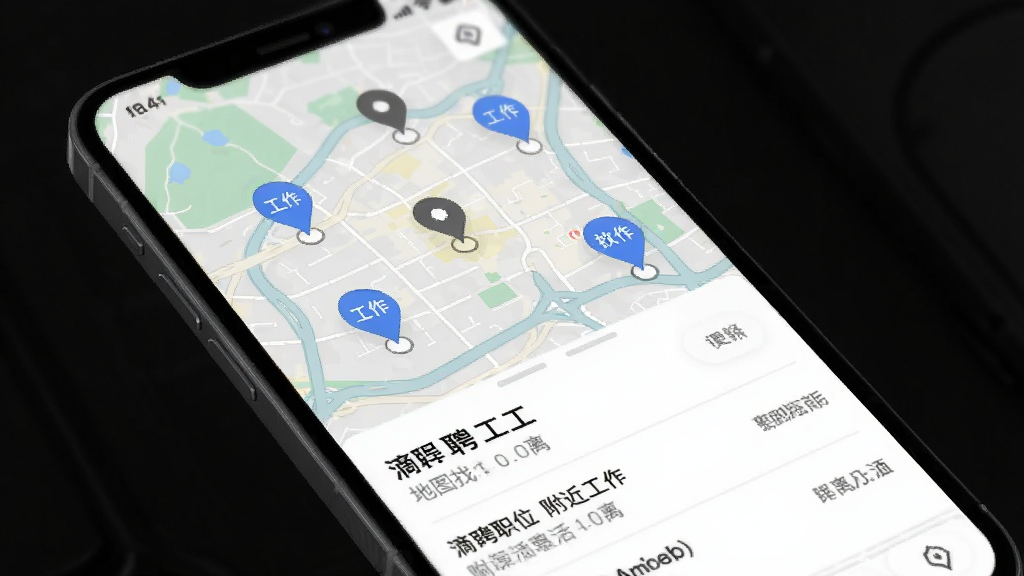 ��ƸAPP��ͼ�һ���棬�ֻ���Ļ��ʾ��ͼ�ϱ�ע��������ص�ͼ�꣬�·��б�չʾ����ְλ�����룬����Ϊǳɫ��ͼ������岼�����������ʸɾ����޶���Ԫ��