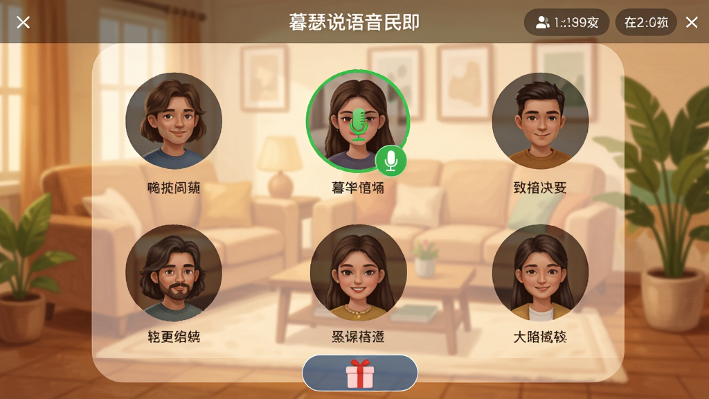 一张暮瑟说语音房间的界面截图风格插画,画面中有六个圆形头像分布在房间九宫格麦位上,其中一个头像带有绿色麦克风标识表示正在发言。房间顶部显示房间名和在线人数。背景是暖色调的客厅场景,有沙发和绿植。风格温馨写实,细节包括头像下方的昵称文字、底部礼物按钮。画质清晰,干净,无多余元素。