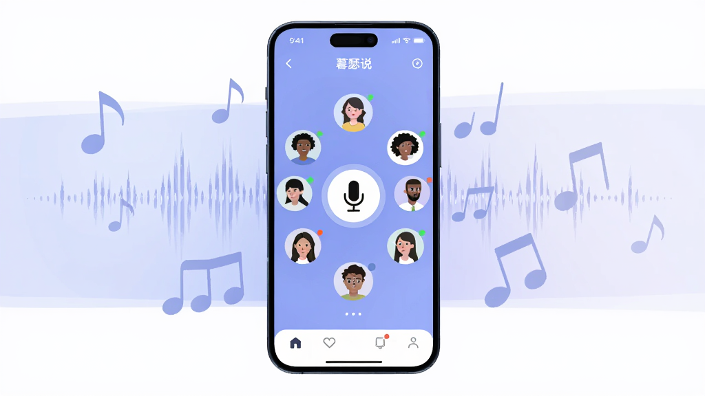 画面中央是一部竖屏智能手机,屏幕上显示着暮瑟说应用的语音房间界面,有多个圆形头像围绕一个麦克风图标排列。背景采用柔和的蓝紫色渐变,点缀着声波纹理和漂浮的音符。整体布局上手机居中,四周留白干净。风格为现代扁平化UI插画,细节包括头像旁的状态小圆点、底部导航栏图标。画质清晰,干净,无多余元素。
