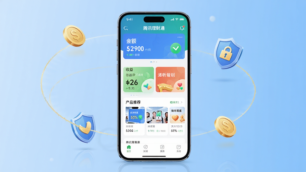 һ��չʾ��Ѷ����ͨApp��������ֻ�ģ��ͼ������������һ���ִ������ֻ�����Ļ����ʾ��Ѷ����ͨ��ҳ�����������桢��Ʒ�Ƽ��ȿ�Ƭʽ���֣�����Ϊǳ��ɫ���䣬��Χ��׺��������ͼ�꣬�����Ƽ��У�ϸ�����������ʸɾ����޶���Ԫ�أ�����ɫ����ˬ������