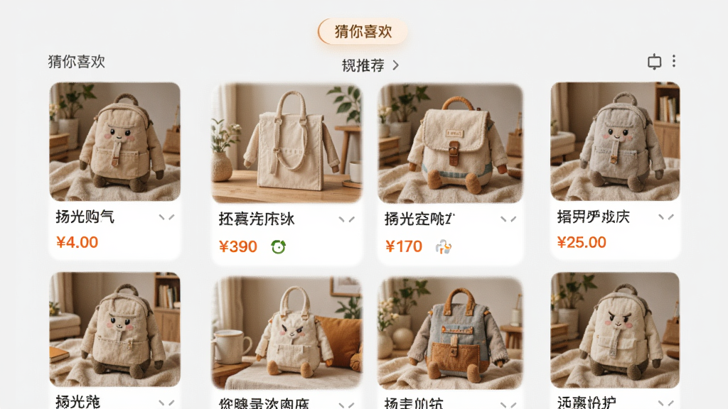 ����Ϊ��⹺APP�ĸ��Ի��Ƽ�ҳ�棬����Ϊ���»���ʽ��Ʒ����ÿ����Ʒ����ͼƬ�����ƺͼ۸��Ű���У�����Ϊǳ��ɫ�������ܰ���ʣ�ϸ������ƷͼƬ���������ֱ�ע������ϲ���������ʸ��壬�ɾ��޶���Ԫ�ء�