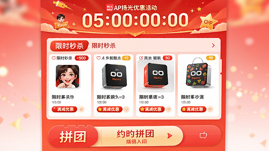 ����Ϊ��⹺APP����ʱ�Żݻҳ�棬���ֶ���Ϊ����ʱ������в�Ϊ��ɱ��Ʒ�б����ײ�Ϊƴ����ڡ��Ű���գ�����Ϊ��ɫ���䡣������Ҵ����У�ϸ������ʾ����ʱ��ɱ���������Żݡ����֣����ʸ��壬�ɾ��޶���Ԫ�ء�