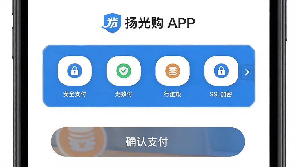 ����Ϊ��⹺APP��֧��ҳ�棬���־�����ʾ֧����ʽͼ�꣬�·�Ϊȷ��֧����ť���Ű��࣬����Ϊ��ɫ�����ȫ�ɿ���ϸ������ʾ����ȫ֧������SSL���ܡ����֣����ʸ��壬�ɾ��޶���Ԫ�ء�