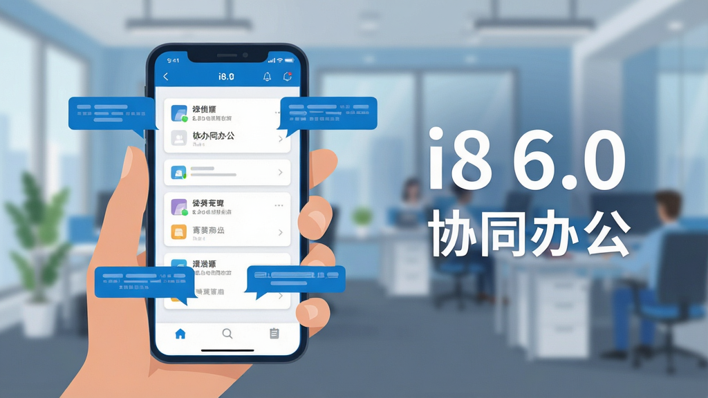 һ�����i8 6.0�ƶ�Эͬ�칫�����Ĳ�ͼ����������Ϊһֻ�ֳ������ֻ�����Ļ����ʾ����칫����Ƭ��Ի����ݣ�����Ϊ�黯�İ칫�һ���������ƽ����ɫ��������Ϊ����ϸ��������ͼ�����ֱ�ע��i8 6.0 Эͬ�칫�������ʸɾ����޶���Ԫ��