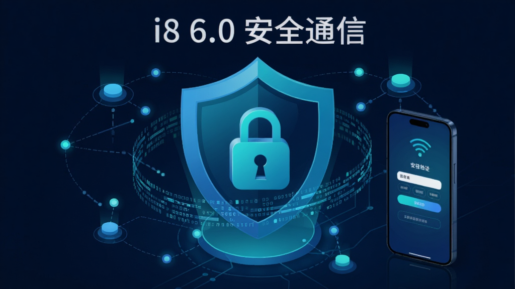 һ��ǿ��i8 6.0��ȫͨ�Ż��Ƶĸ���ͼ����������Ϊ���������ĳ���ͼ�Σ���Χ������������ڵ㣬�ֻ���Ļ��ʾ��¼��֤���棬���Ƽ��У�ɫ������������ɫΪ����ͼ�����ֱ�ע��i8 6.0 ��ȫͨ�š������ʸɾ����޶���Ԫ��
